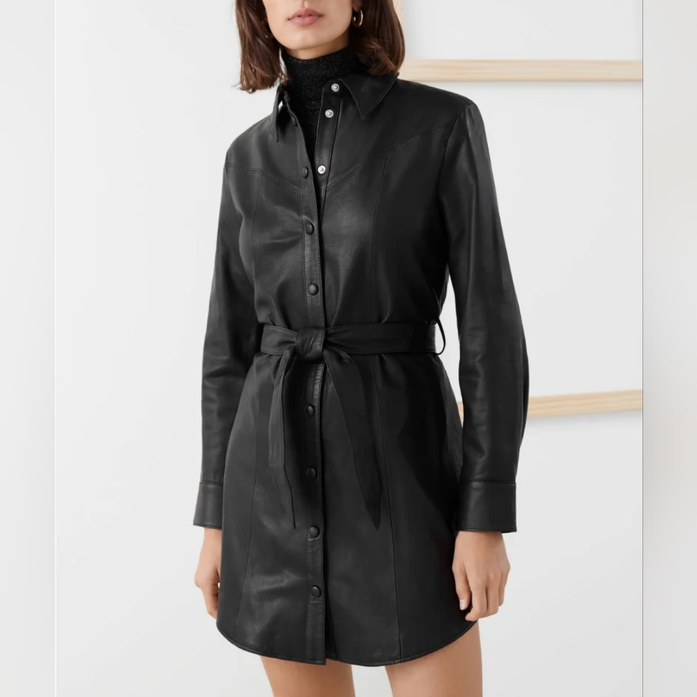 & Other Stories Leather Belted Mini Shirt Dress - Black